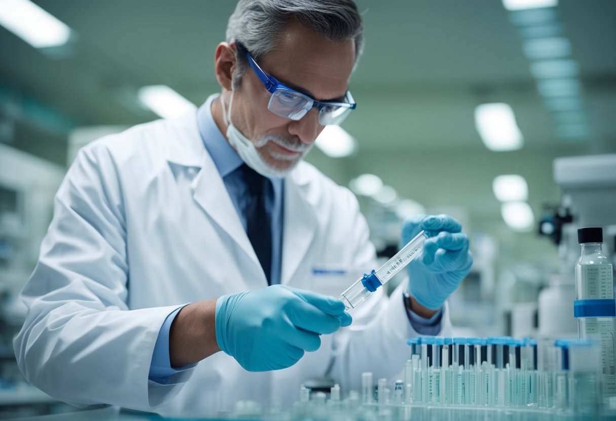 A scientist in a lab coat holds a test tube labeled "Chikungunya virus" while using a pipette to extract a sample for diagnosis. Equipment and lab benches fill the background