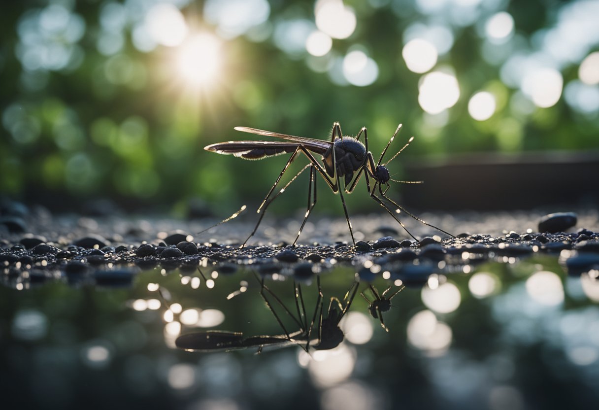 A mosquito hovers over a stagnant pool, surrounded by discarded tires and containers. Nearby, a person applies insect repellent to exposed skin