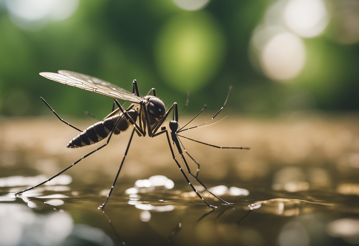 A mosquito hovers near a stagnant pool of water, with a warning sign for Chikungunya virus disease in the background