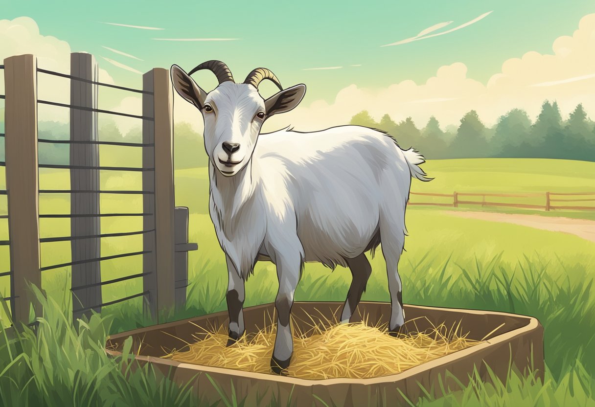 Goats eating hay in a fenced pasture, with a feeding trough nearby. Sunshine and green grass in the background