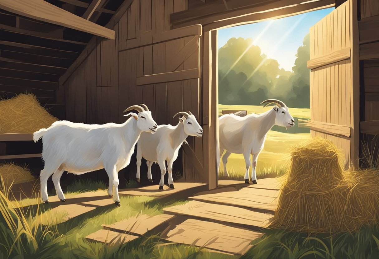 Goats eagerly munch on fresh hay in a rustic barn setting, with sunlight streaming through the open doors