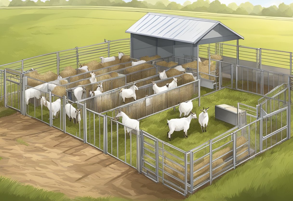 Goats eating hay in a clean and spacious pen, with access to fresh water. Hay is placed in a feeder at an appropriate height for easy access