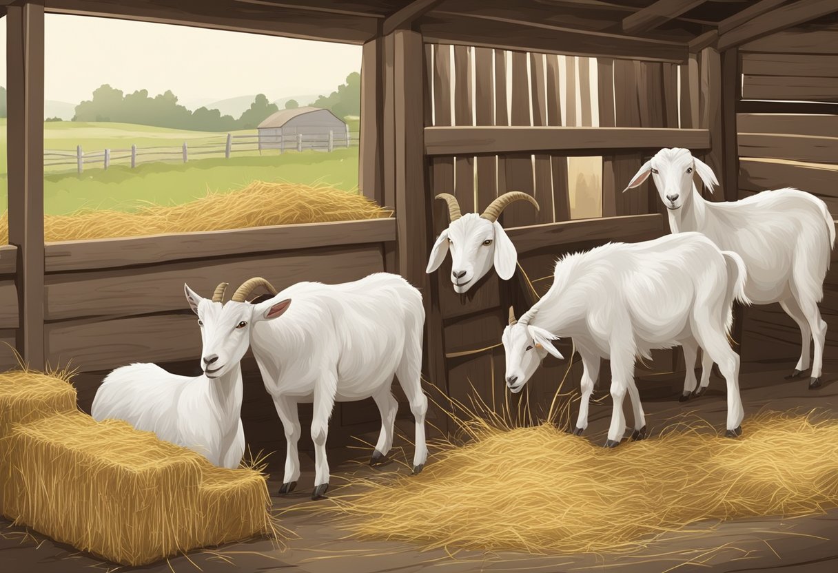 Goats eating hay in a barn or pasture, with a feeder or hay rack present