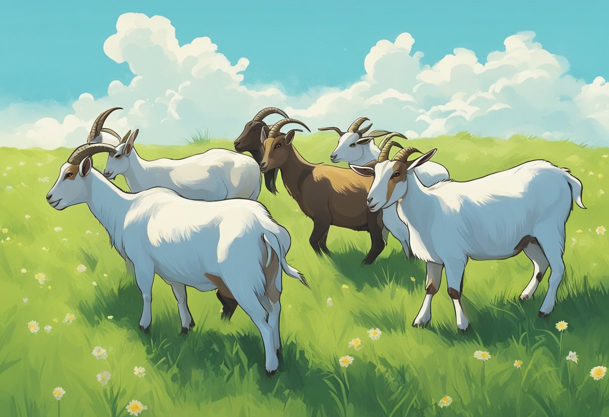 A group of goats grazing in a lush green pasture, with a clear blue sky overhead. They are munching on various types of vegetation, showing their diverse nutritional requirements