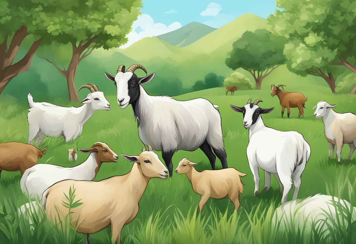 A group of goats grazing in a lush green pasture, with a variety of plants and grasses around them. They are content and healthy, showcasing their nutritional requirements for protein