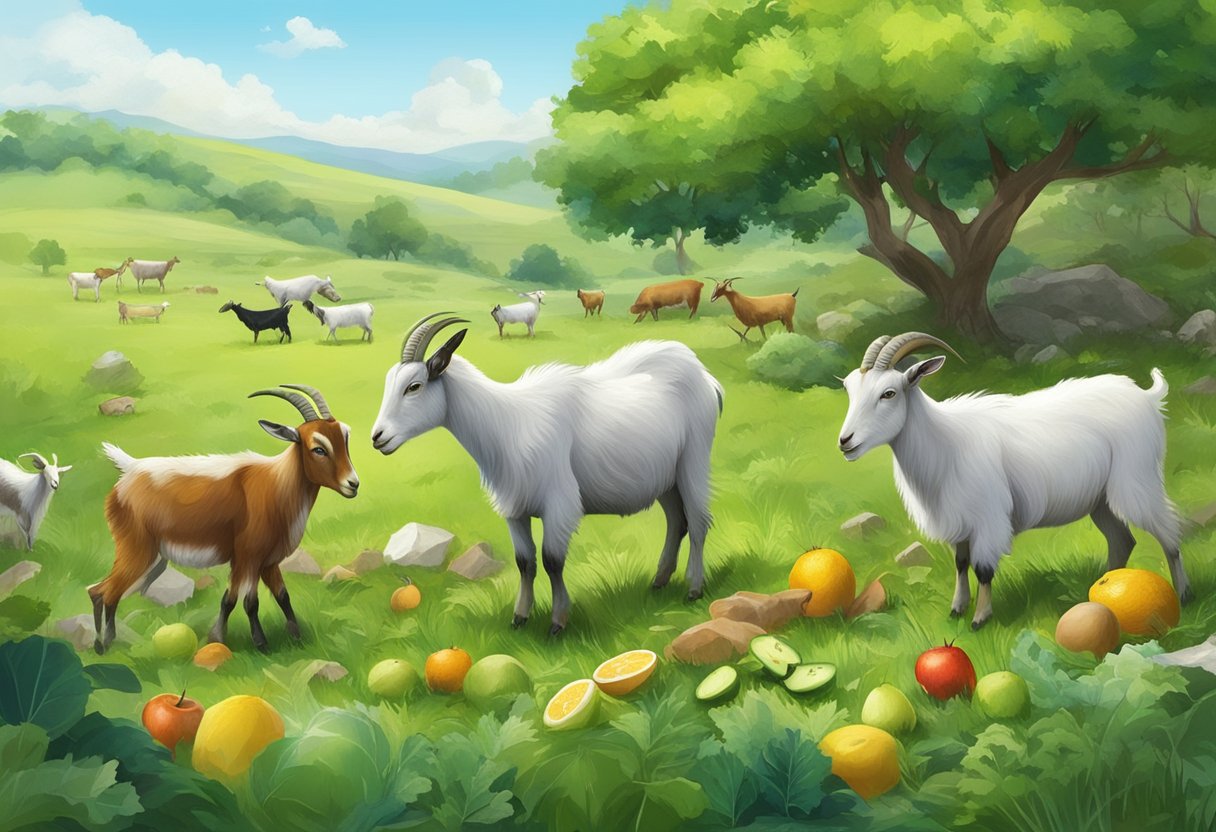 A group of goats grazing in a lush green pasture, with a variety of fruits, vegetables, and minerals scattered around for them to consume