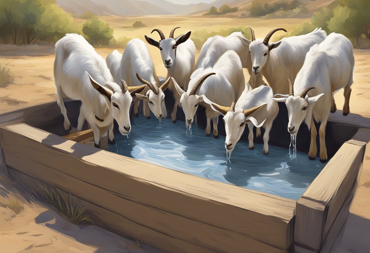 A group of goats gather around a water trough, eagerly drinking and quenching their thirst. The scene depicts the importance of water intake in meeting the nutritional requirements of goats