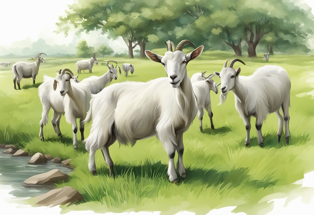 A group of goats grazing in a lush green pasture, with access to fresh water and mineral supplements, showing their nutritional requirements for proper growth and development