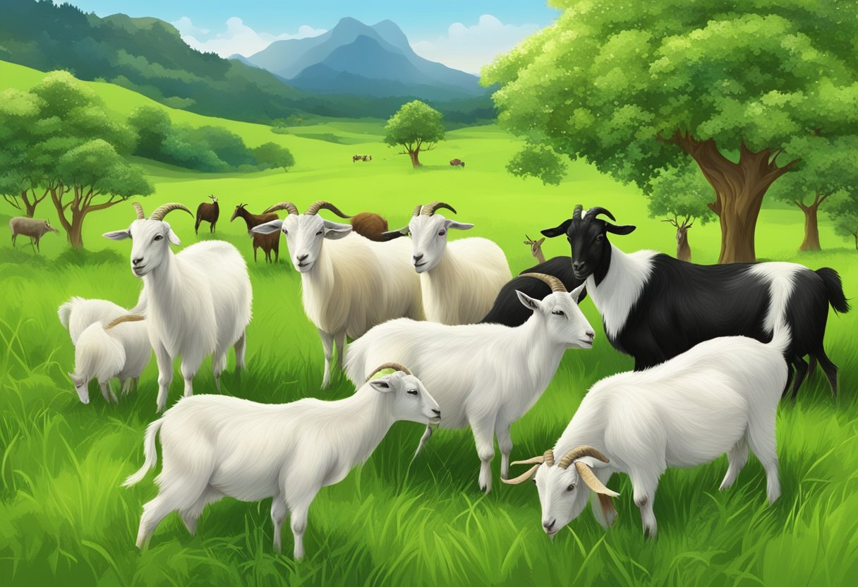 A group of goats grazing in a lush green pasture, with a variety of vegetation and minerals available to meet their nutritional requirements