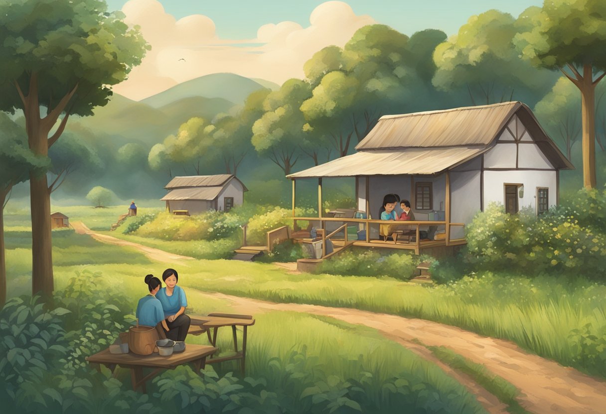 Mae Fesai's early life: rural setting, humble home, surrounded by nature, family working in the fields, simple lifestyle