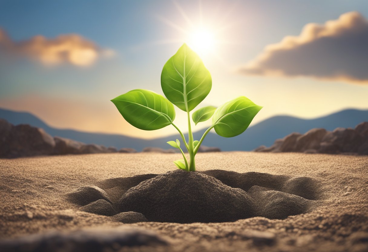 A seedling sprouts from rocky ground, reaching towards the sunlight. Nearby, a mirror reflects the changing landscape