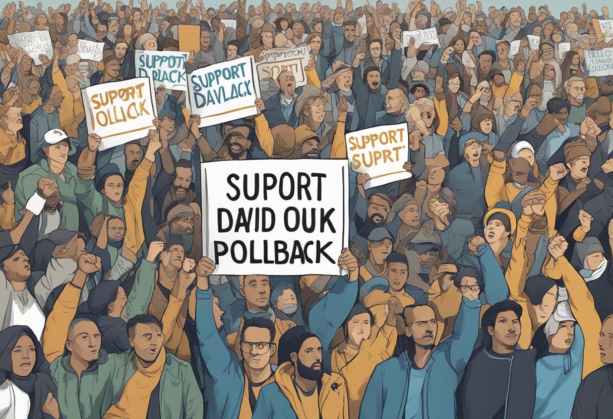 A crowd gathers around a sign reading "Support David Pollack" with raised fists and signs of solidarity