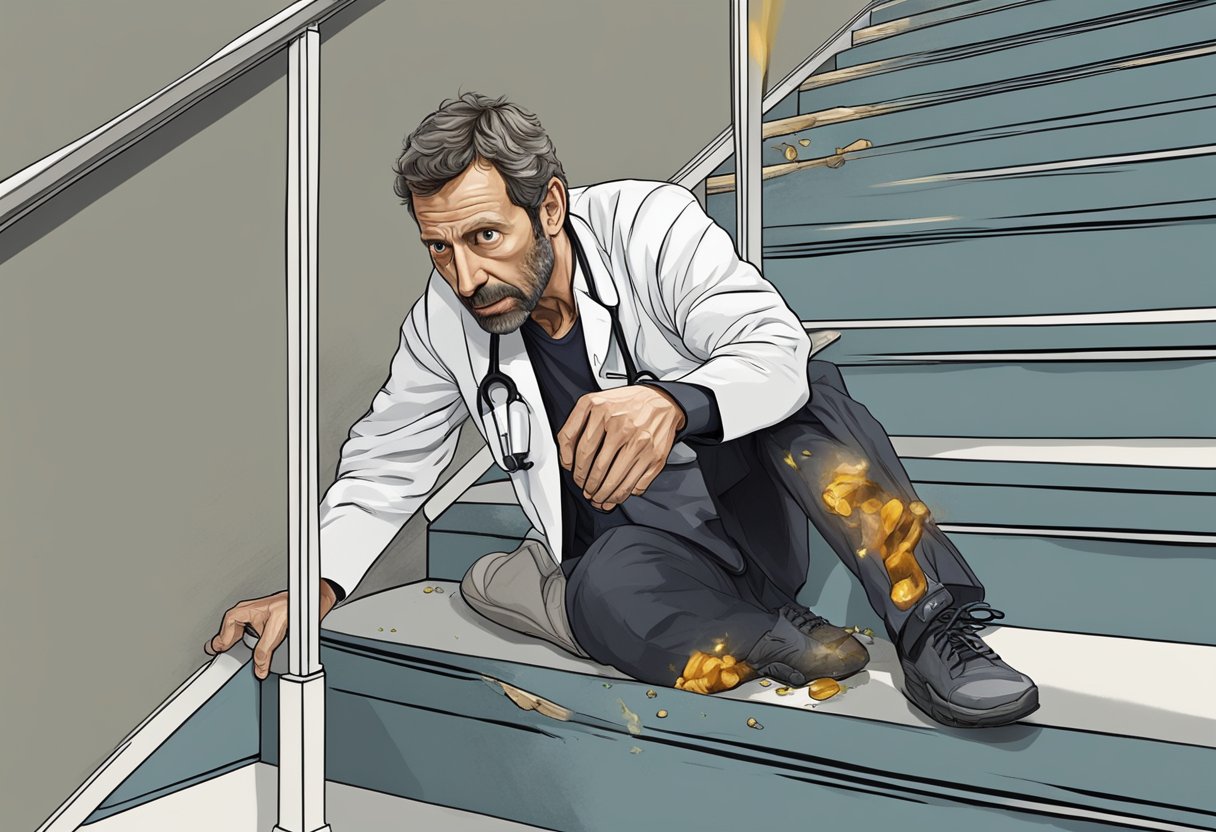 Dr. House's leg snapped as he fell down the stairs, causing a shocking injury