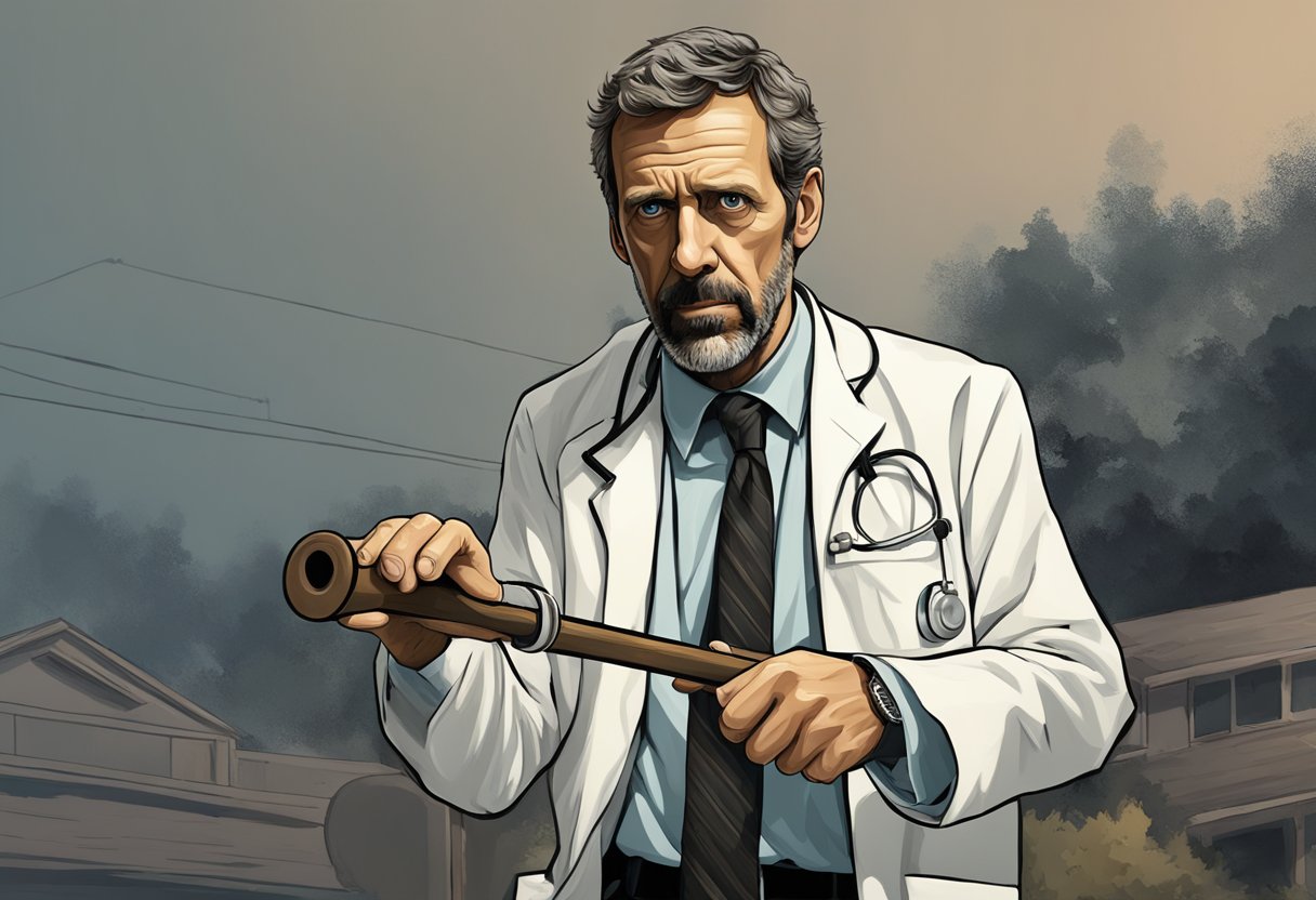 Dr. House's iconic cane lies abandoned, symbolizing his struggle with chronic pain and the impact on his medical career