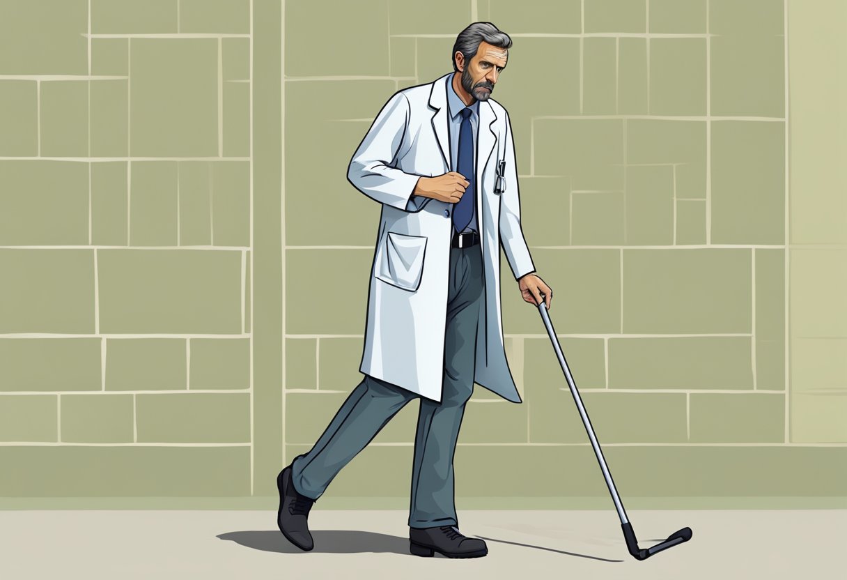 Dr. House's leg is injured, causing him to limp and use a cane. He appears frustrated and determined to find a solution