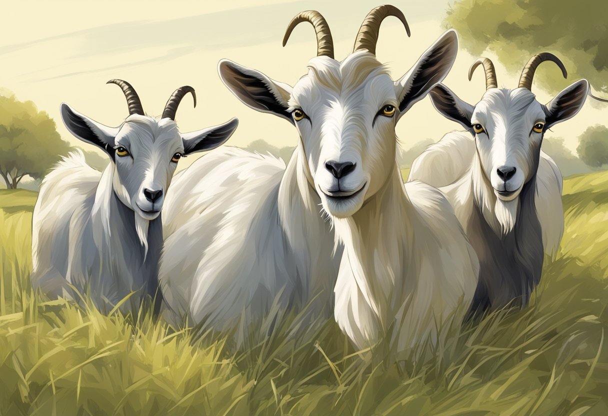 A group of goats grazing in a grassy field, chewing their cud, with a peaceful and content expression on their faces