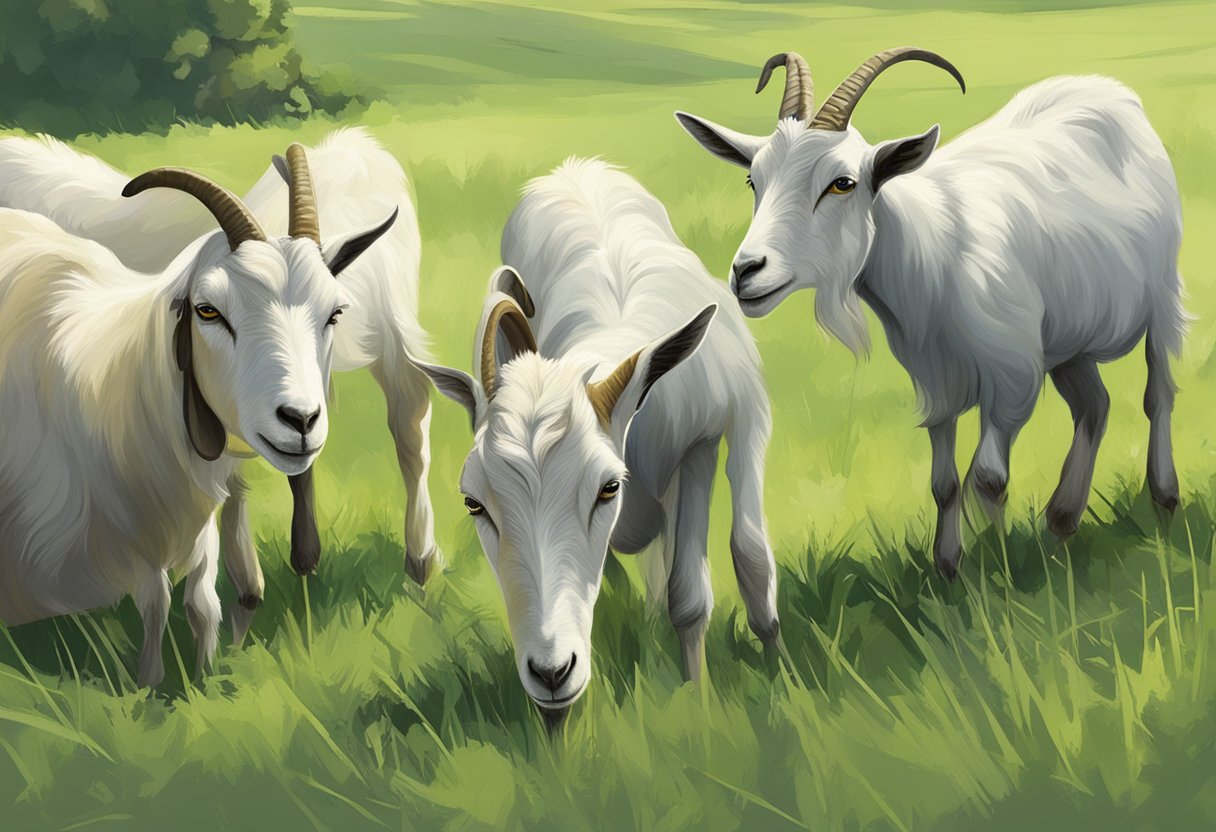 A group of goats peacefully chewing cud in a green pasture