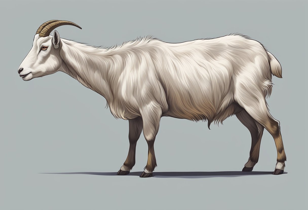 A goat chewing cud, with a four-chambered stomach visible in a side view