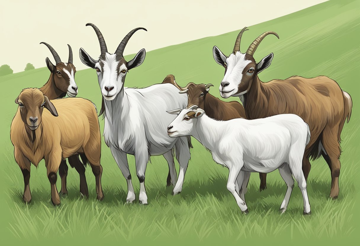 A group of goats grazing in a green pasture, chewing their cud and displaying typical ruminant behavior