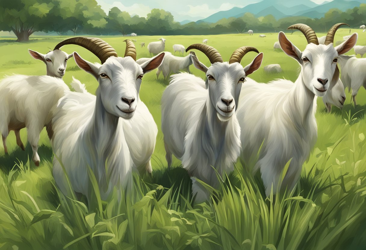 A group of goats grazing in a lush field, chewing their cud and displaying signs of good health