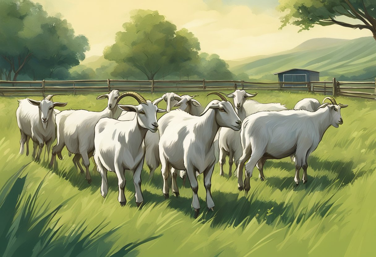 A group of goats grazing in a lush green pasture, their heads bent down as they chew their cud, with a farmer in the background observing their behavior