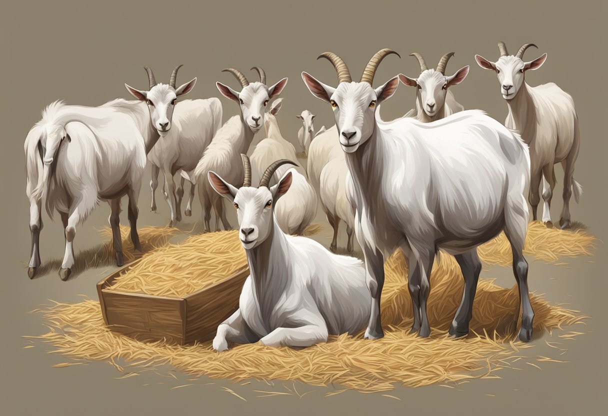 A group of healthy meat goats eagerly eating a balanced diet of high-quality hay, grains, and minerals in a clean and spacious feeding area