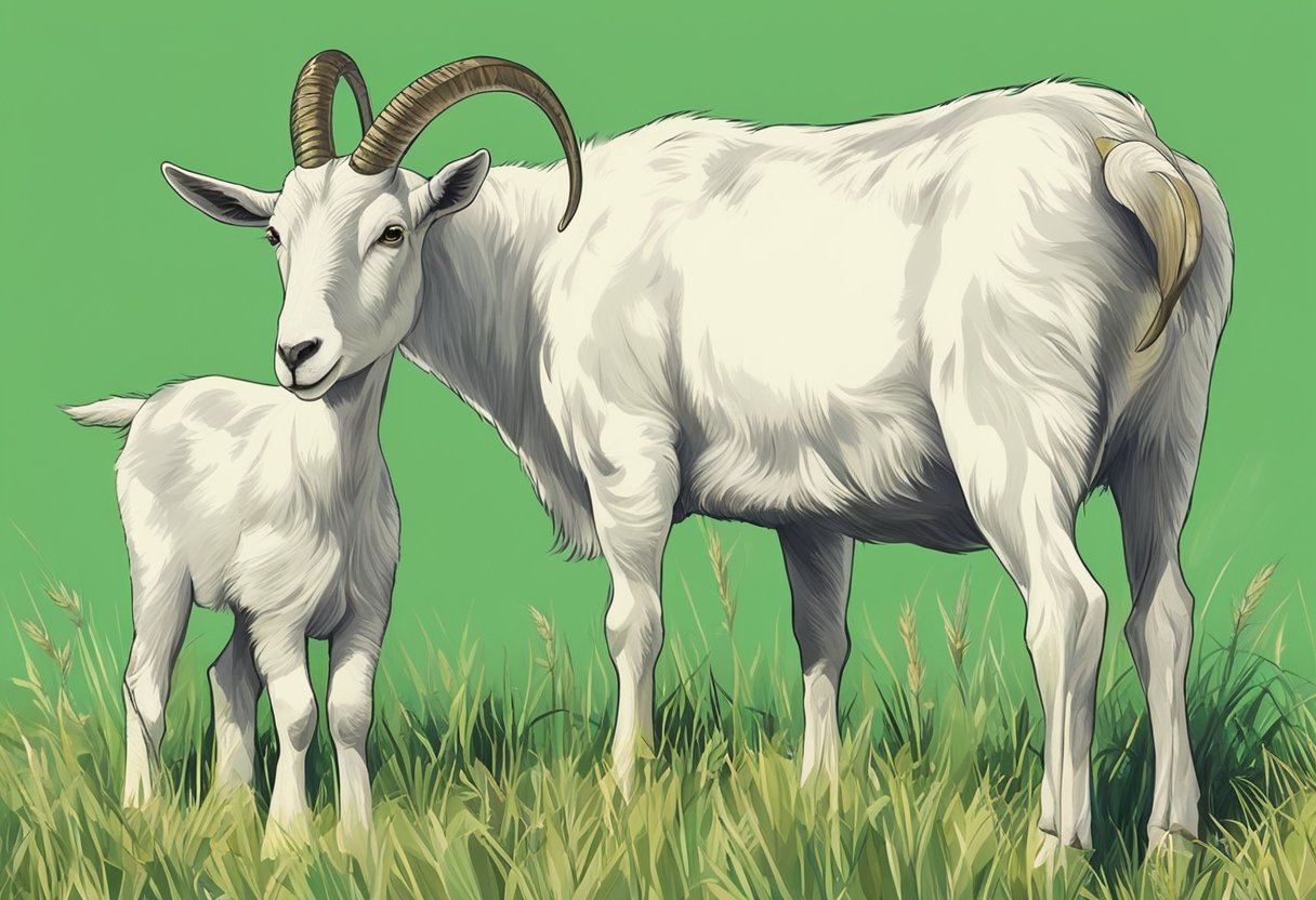 Meat goats graze on green pasture, supplemented with high-protein feed. Hay and grain are also provided for balanced nutrition