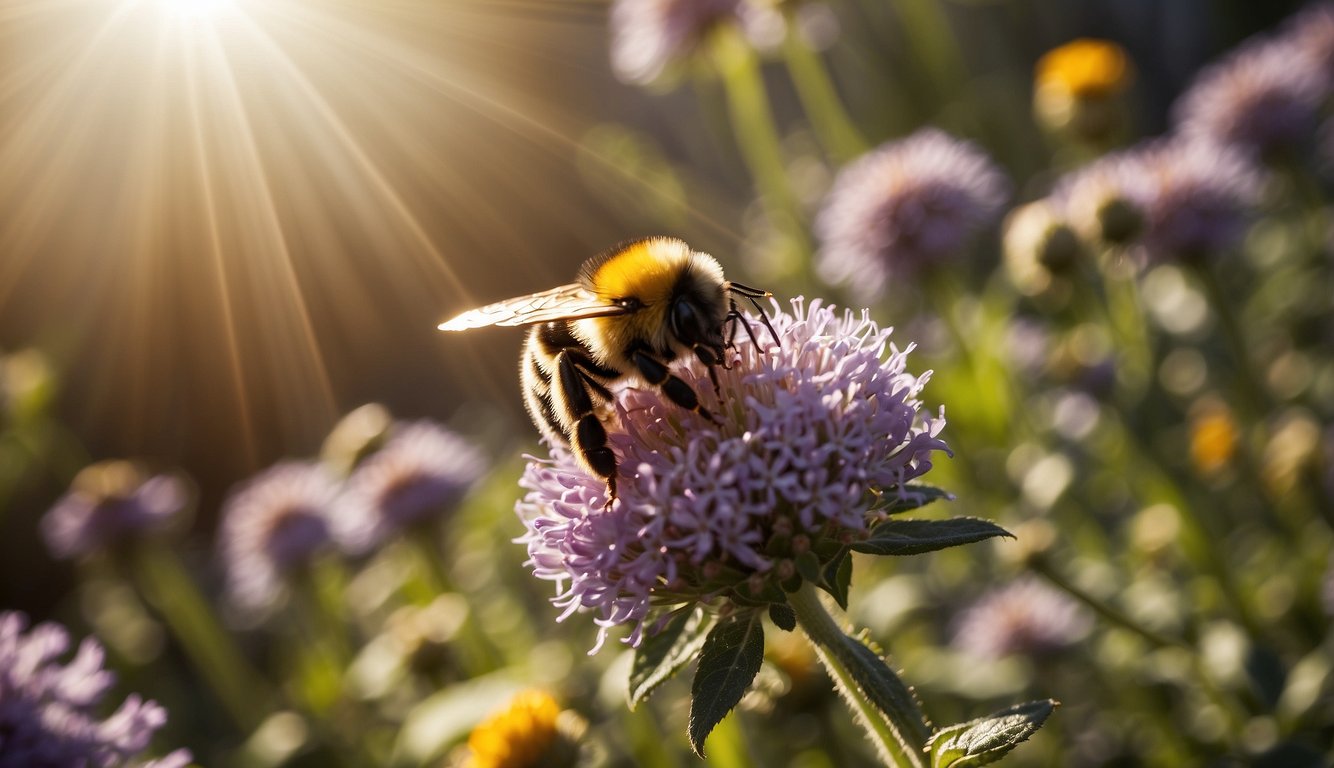 A bumblebee hovers over a blooming flower, surrounded by vibrant colors and rays of sunlight, symbolizing spiritual connection and the interconnectedness of all living beings
