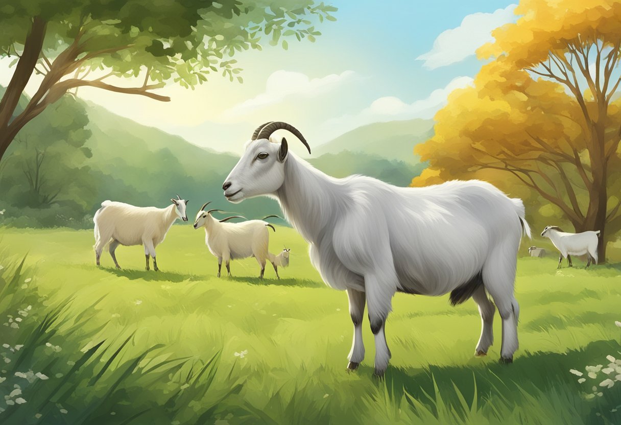 Goats grazing on lush pasture, with a variety of feed options nearby, including grains, hay, and mineral supplements