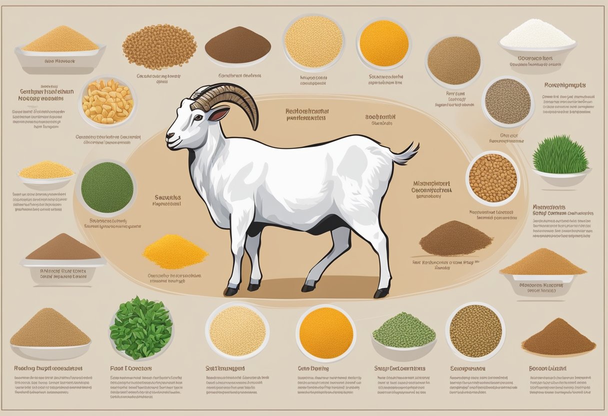 A variety of feed ingredients are spread out on a clean surface, including grains, hay, and supplements. Each ingredient is labeled with its specific benefits for meat goats