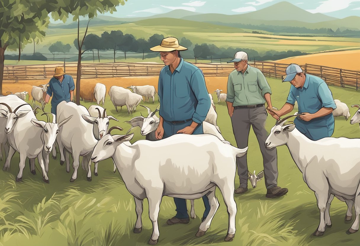 A group of meat goats eating from different feed sources, with a farmer observing and evaluating the quality of the feed