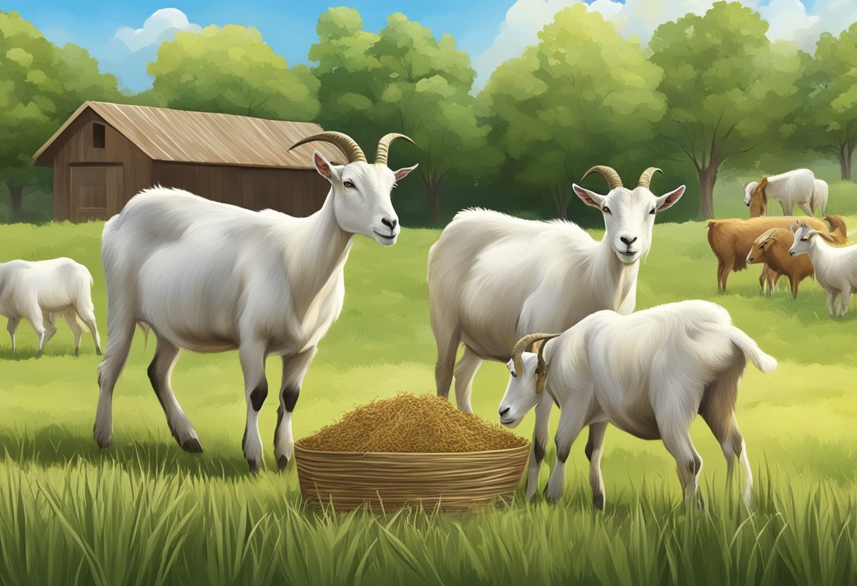 A group of healthy meat goats grazing on a lush pasture, with a variety of feed options such as hay, grains, and minerals available in their feeding area