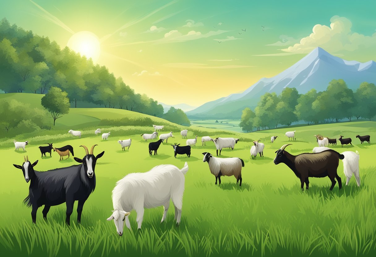 Goats grazing in a lush green pasture, with a variety of feed options such as hay, grains, and fresh vegetation available for them to choose from