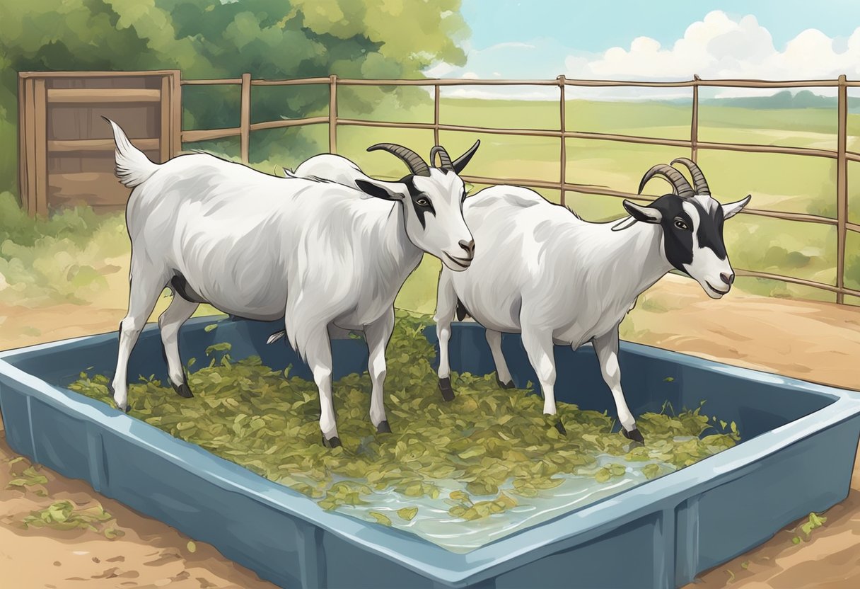 Goats eating from a clean, raised trough with access to fresh water and proper nutrition. Avoid feeding moldy or spoiled food