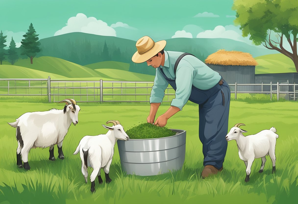 Goats grazing in a lush green pasture, with a farmer adjusting their feed troughs and monitoring their health