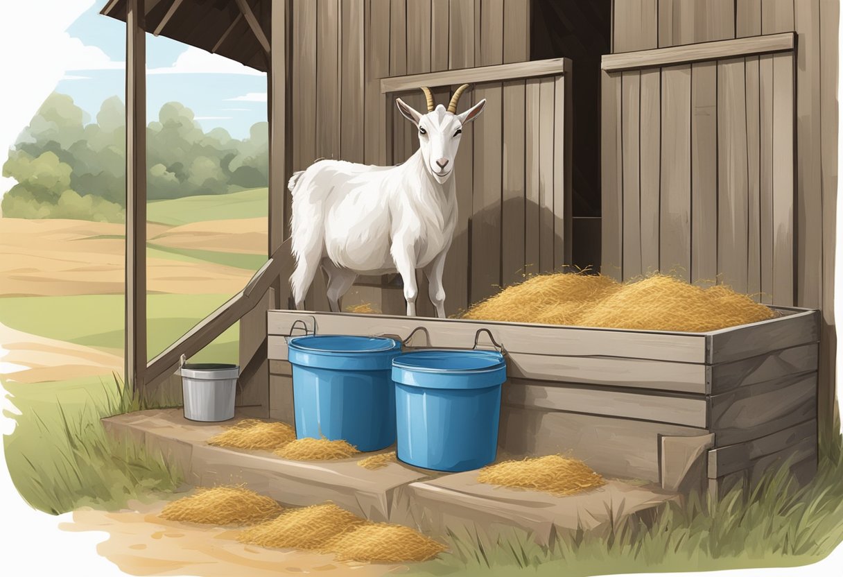 A secure barn with labeled feed bins, hay bales, and clean water buckets. A goat eating from a trough filled with balanced feed