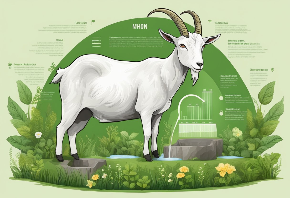 A goat standing in a lush green pasture, surrounded by various types of vegetation and a water source, with a balanced diet chart displayed nearby