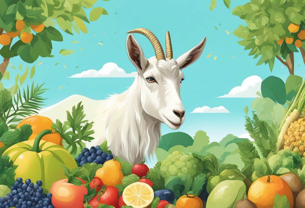 A goat happily munches on a variety of fresh fruits, vegetables, and grains, surrounded by lush greenery and a clear blue sky