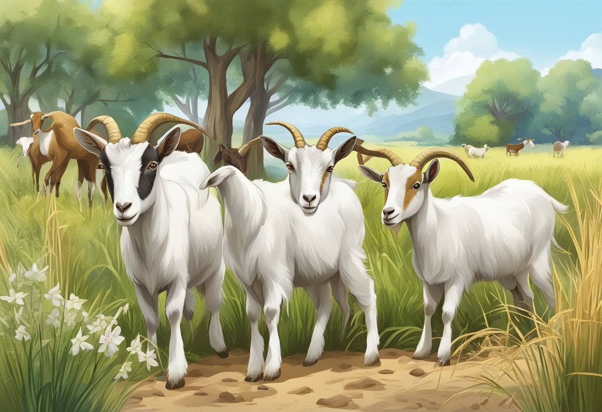 A group of goats grazing on a variety of grasses, hay, and grains, with access to fresh water and mineral supplements