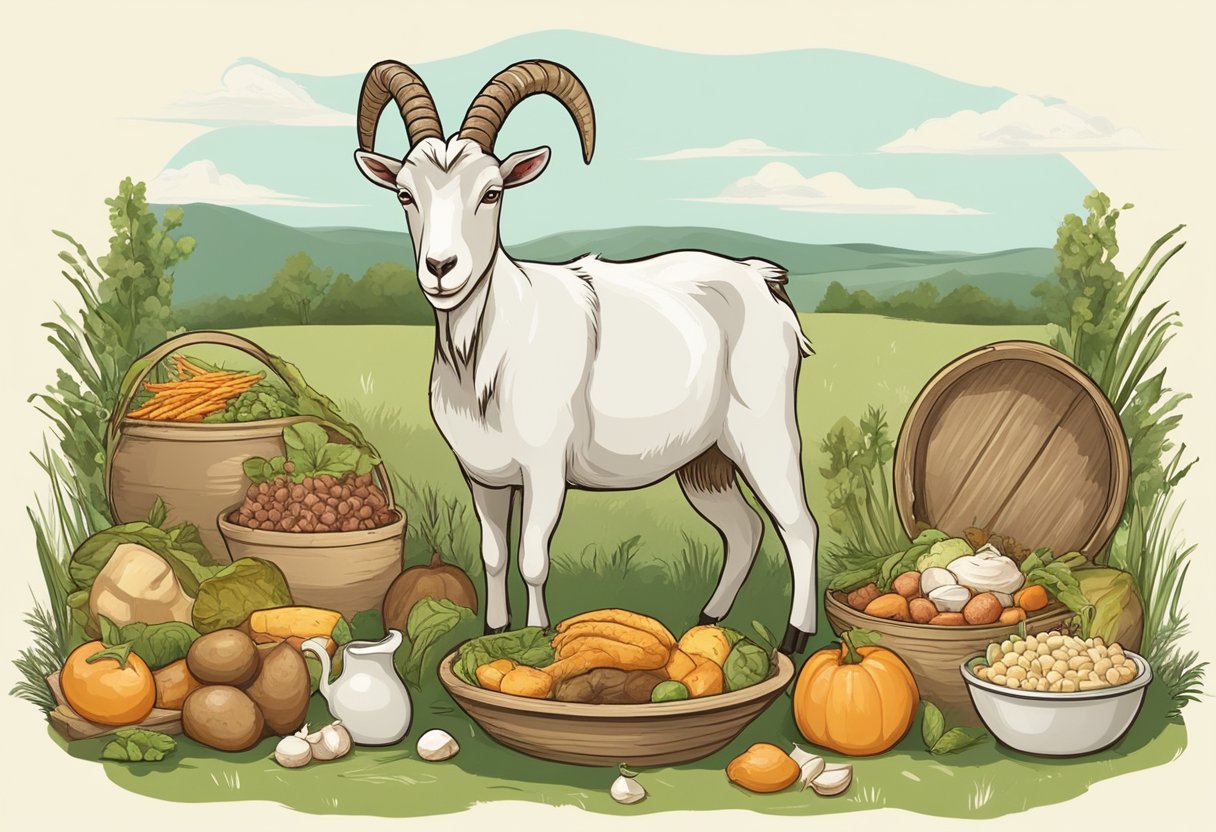 A goat stands in a pasture, surrounded by various types of food. Some food items are plentiful, while others are scarce, illustrating the concept of a balanced diet and its importance for the health and well-being of the goat