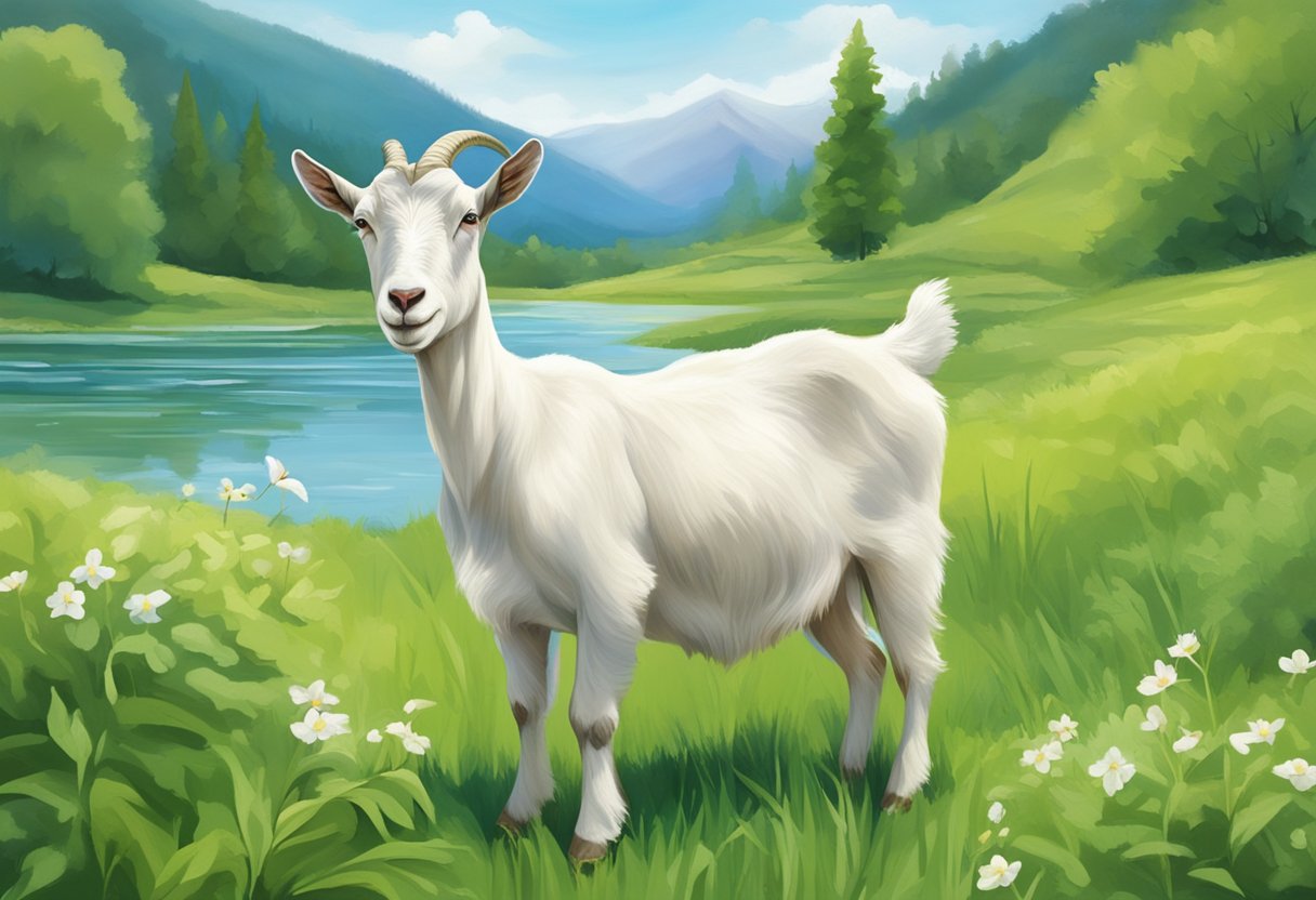 A healthy, well-fed goat stands in a lush pasture, surrounded by fresh greenery and clean water, with a contented expression and a full udder, showcasing the impact of nutrition on milk production