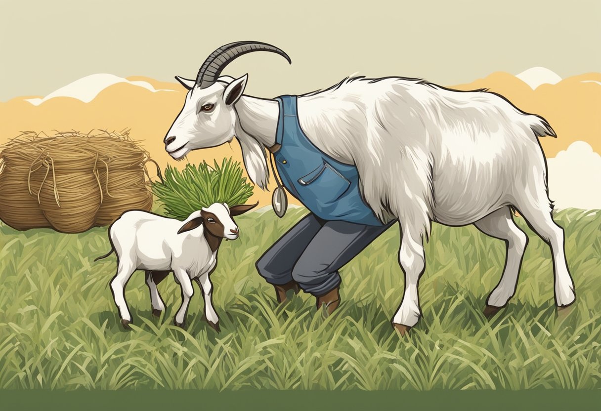 A goat eagerly consumes a balanced diet of hay, grains, and fresh greens, while a farmer carefully monitors its nutrition for optimal milk production