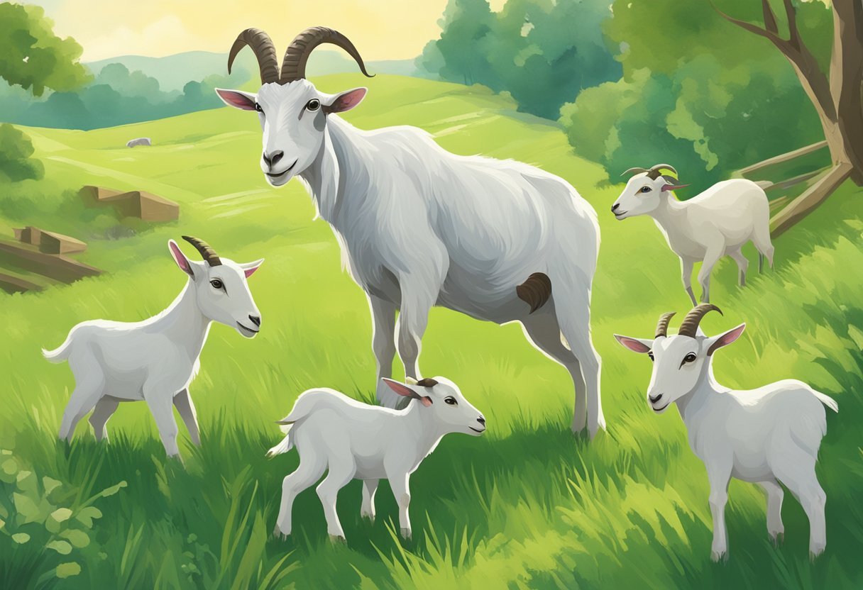 A mother goat stands in a lush green pasture, surrounded by her playful kids. She is happily munching on a variety of fresh, nutritious forage, while her kids eagerly nurse from her