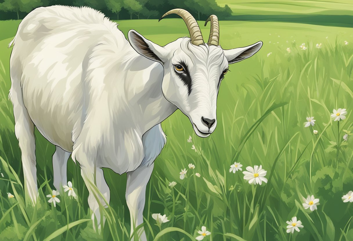 A healthy, well-fed goat grazing on lush green pasture, with a full bucket of milk beside her