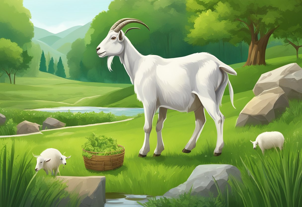 A goat stands in a lush green pasture, surrounded by various types of feed and a water source. Its healthy appearance indicates the importance of proper nutrition for milk production