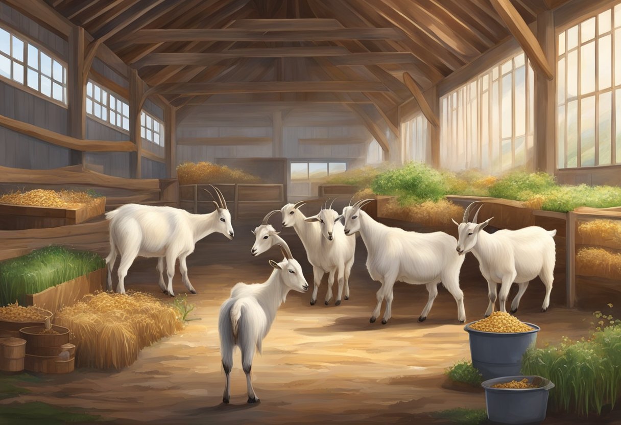 Goats feeding on a variety of forage in a spacious, well-lit barn with access to fresh water and mineral supplements