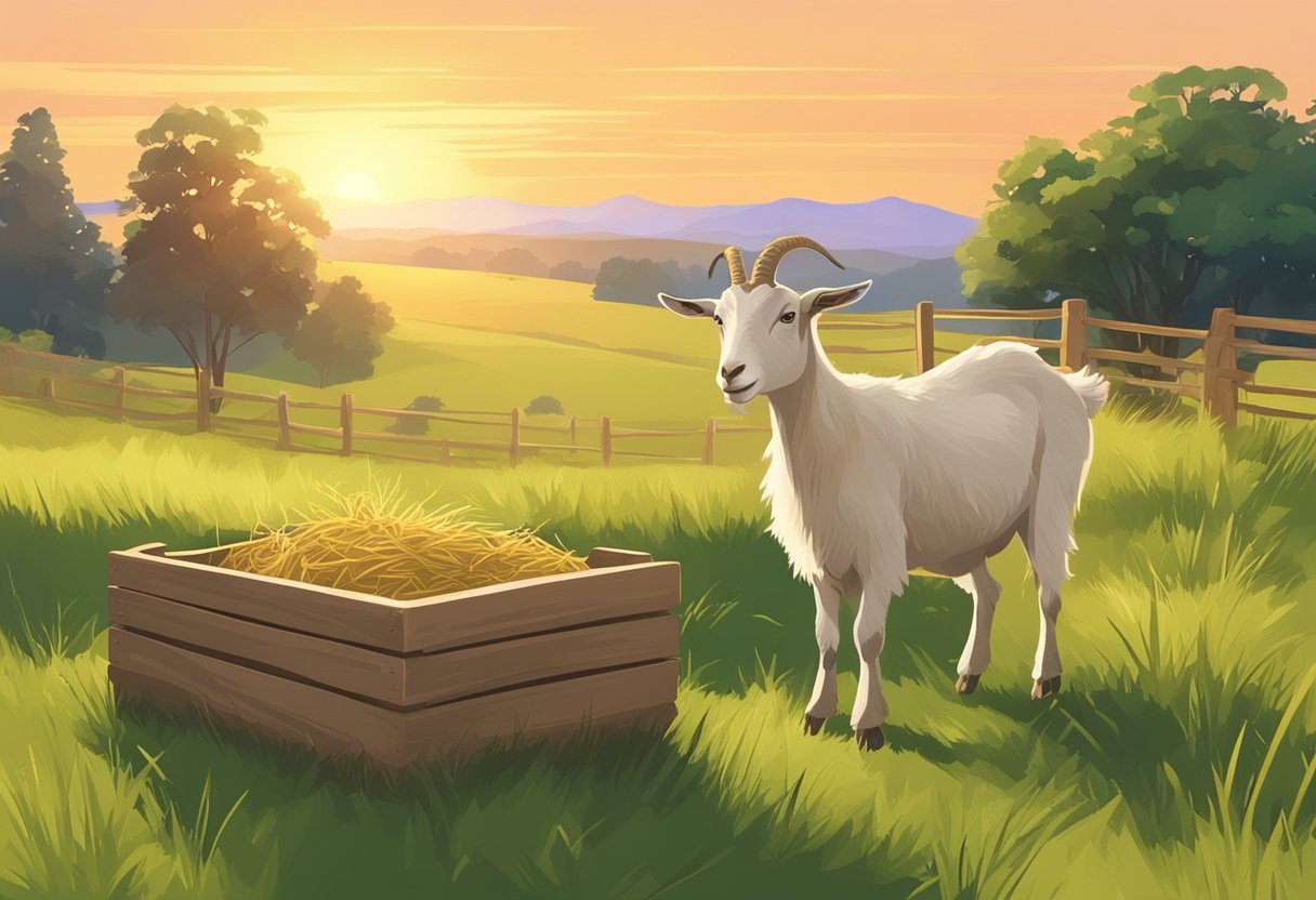 Goats grazing in a lush green pasture at sunset, with a feeding trough filled with fresh hay and grain nearby