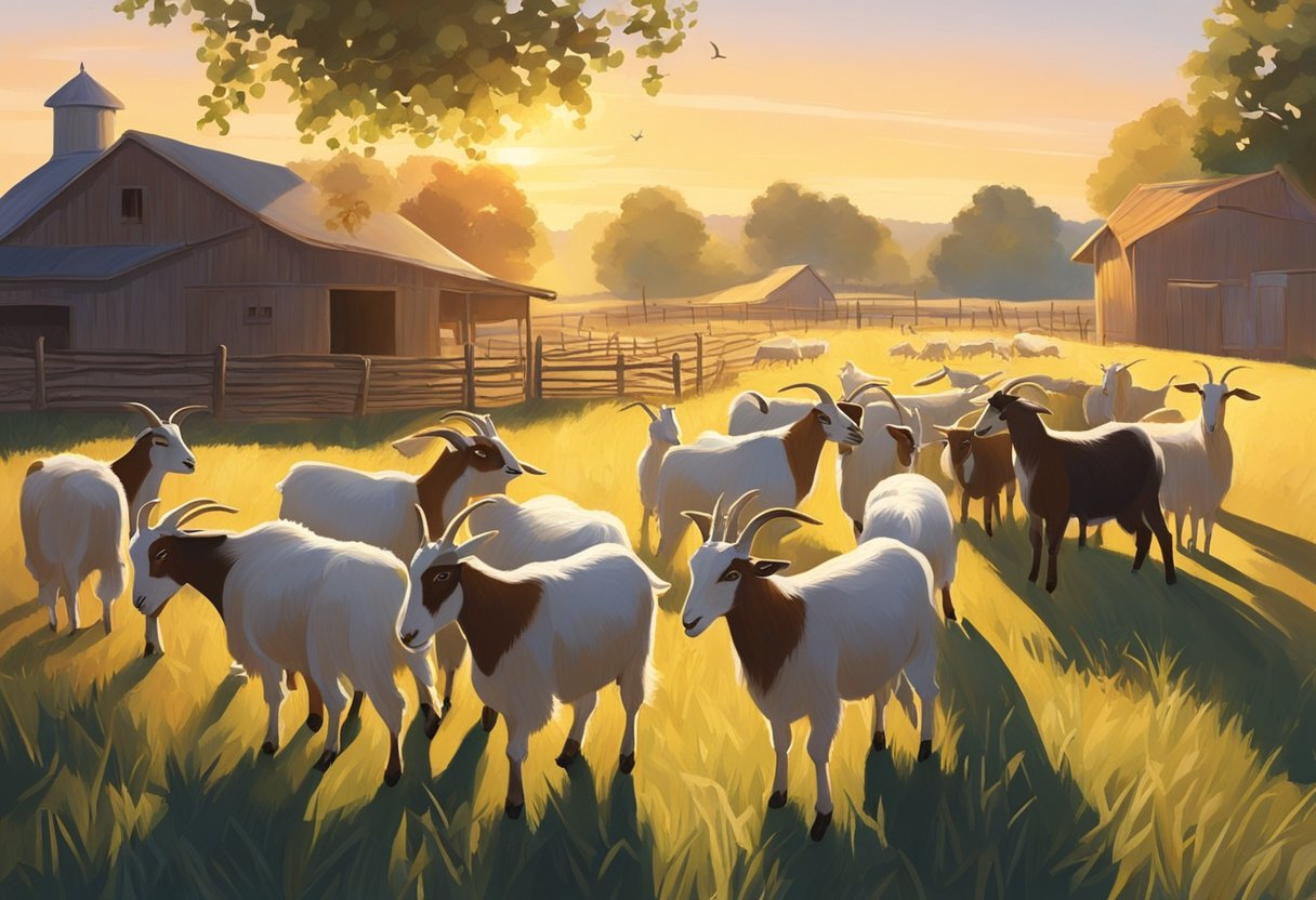 Goats gather around a feeding trough in the morning light, eagerly munching on hay and grain. Sunrise illuminates the scene, casting long shadows across the barnyard