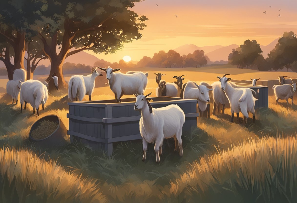 Goats gather around feeding trough at dusk. Hay and grain fill the air as they eagerly munch