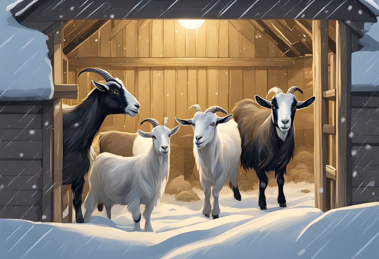 Goats eating hay in a shelter during a snowstorm